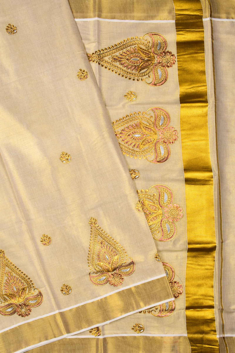 Kerala Tissue Gold Leaf Embroided Butta Saree