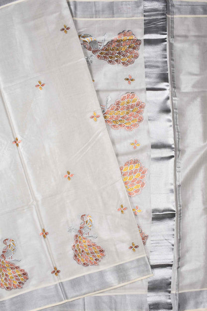 Silver Kerala Tissue Cotton with Rose/Gold Peacock Butta Saree