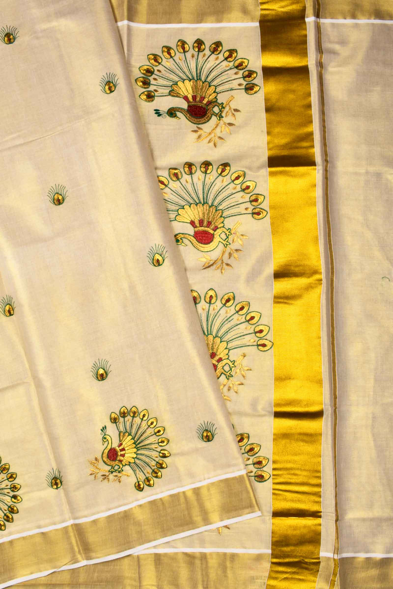 Kerala Tissue Gold Peacock Feather Butta Saree