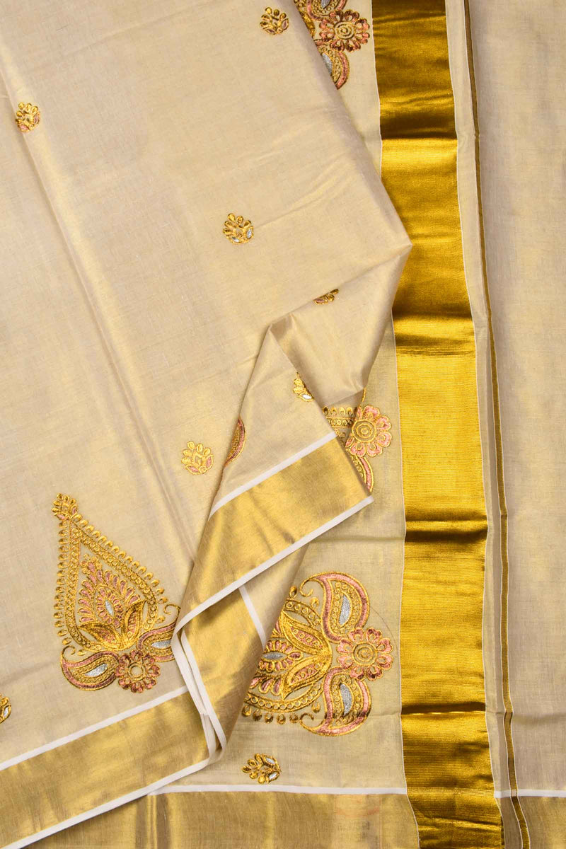 Kerala Tissue Gold Leaf Embroided Butta Saree