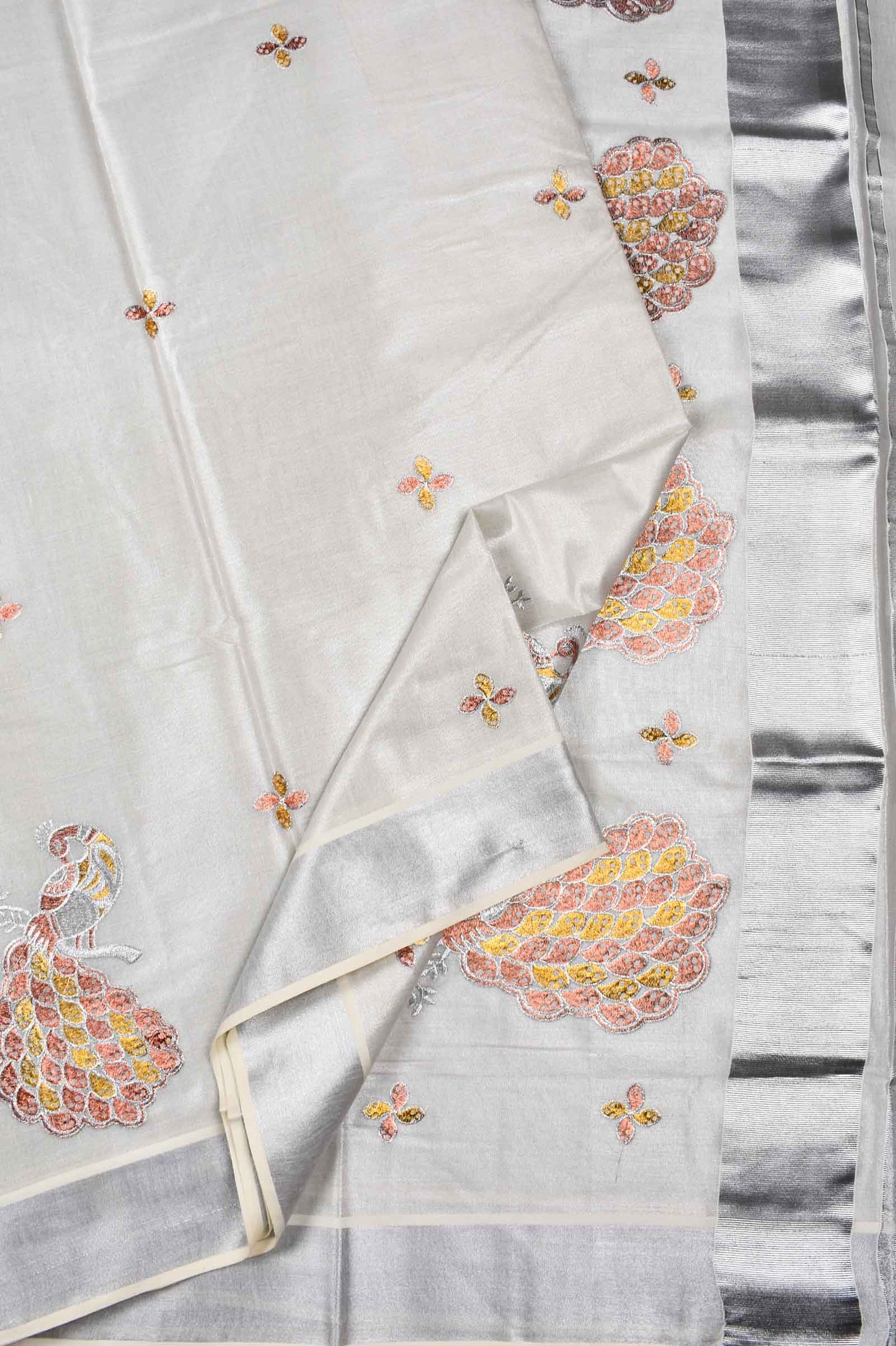 Silver Kerala Tissue Cotton with Rose/Gold Peacock Butta Saree