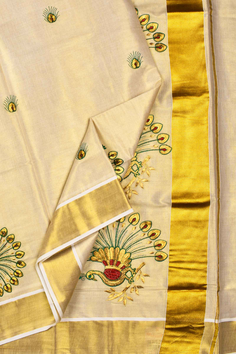 Kerala Tissue Gold Peacock Feather Butta Saree