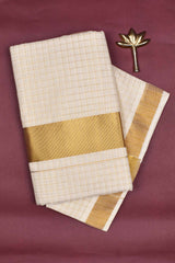 Off White Kerala Cotton Golden Zari Checks Traditional Border Saree