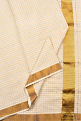 Off White Kerala Cotton Golden Zari Checks Traditional Border Saree