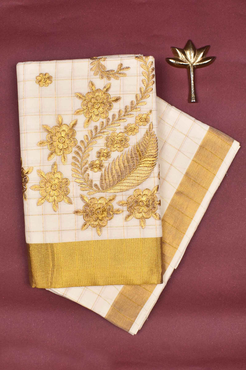 Kerala Cotton Gold Zari Checks Grand Leaf Pallu Saree