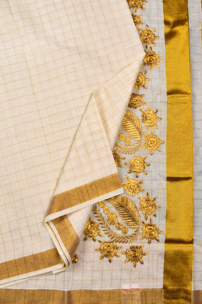 Kerala Cotton Gold Zari Checks Grand Leaf Pallu Saree