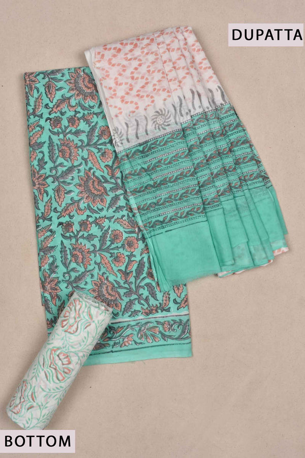 Mint Green Block Printed Cotton Chudithar Material Dress Suit