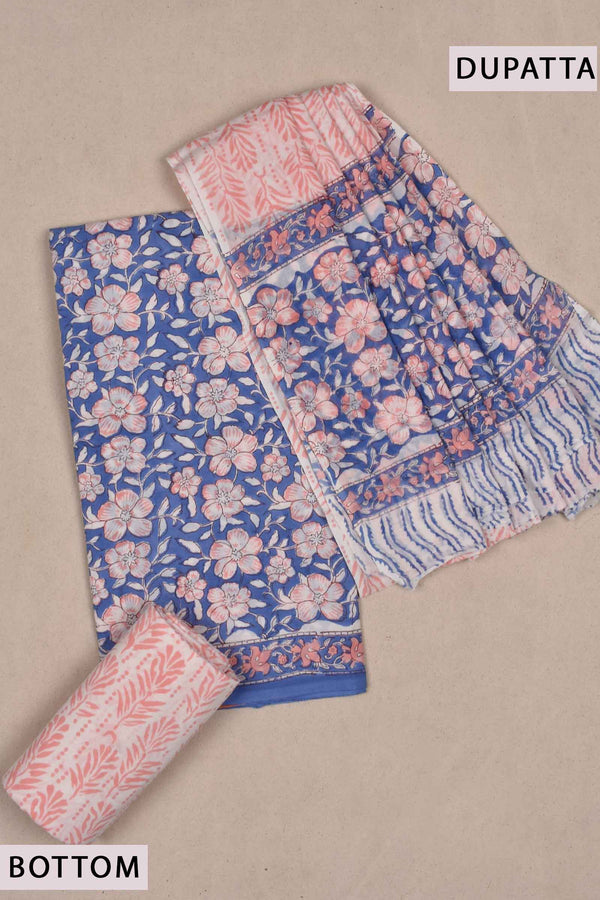 Blue Floral Block Printed Cotton Chudithar Material Dress Suit