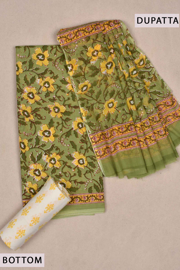 Light Green Yellow Floral Block Printed Cotton Chudithar Material Dress Suit