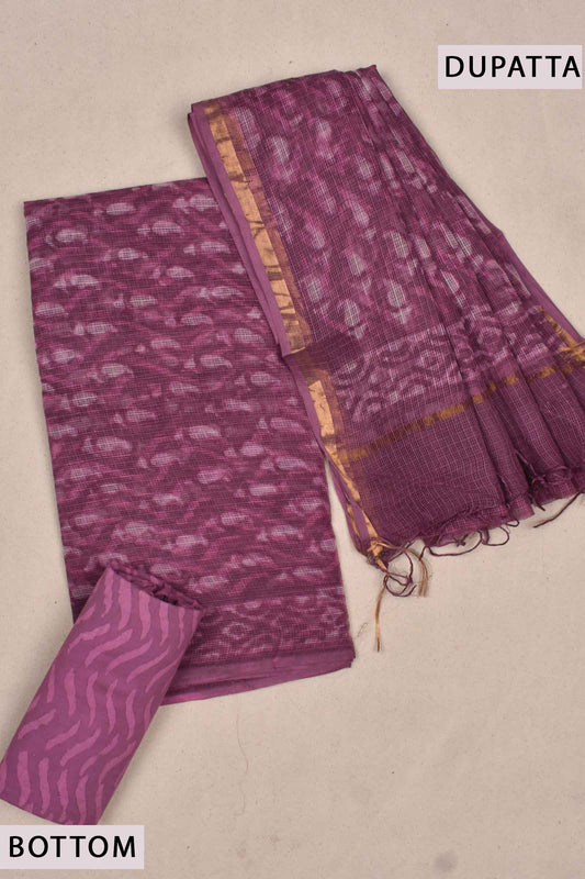 Purple Kota Doriya Hand Block Printed Chudithar Material Dress Suit