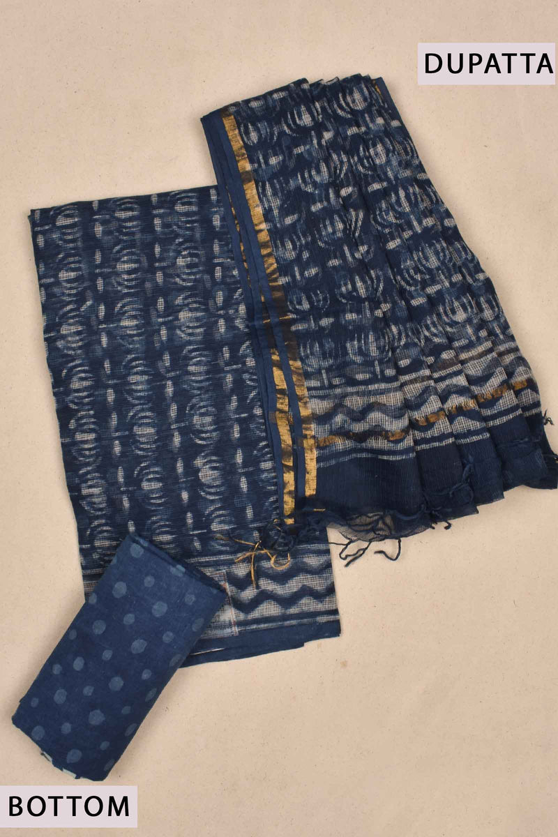 Indigo Blue Kota Doriya Hand Block Printed Chudithar Material Dress Suit