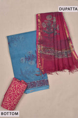 Blue Kota Doriya Hand Block Printed Contrast Pink Dupatta Chudithar Material Dress Suit