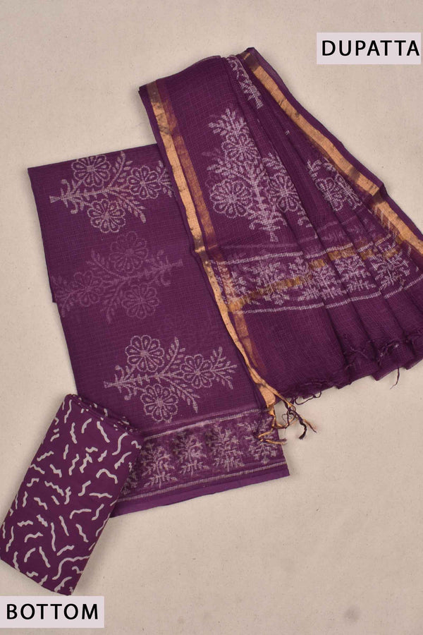 Dark Purple Kota Doriya Hand Block Printed Chudithar Material Dress Suit