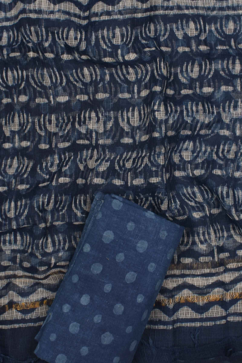 Indigo Blue Kota Doriya Hand Block Printed Chudithar Material Dress Suit