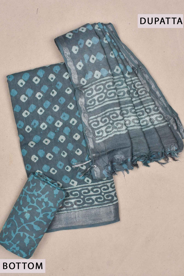 Blue Grey Linen Cotton Block Printed Chudithar Material Dress Suit