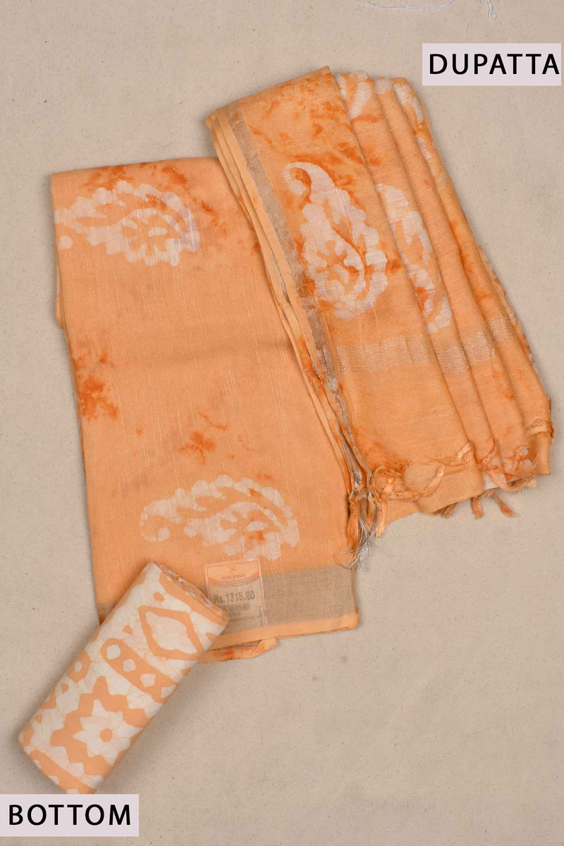 Light Orange Linen Cotton Block Printed Chudithar Material Dress Suit