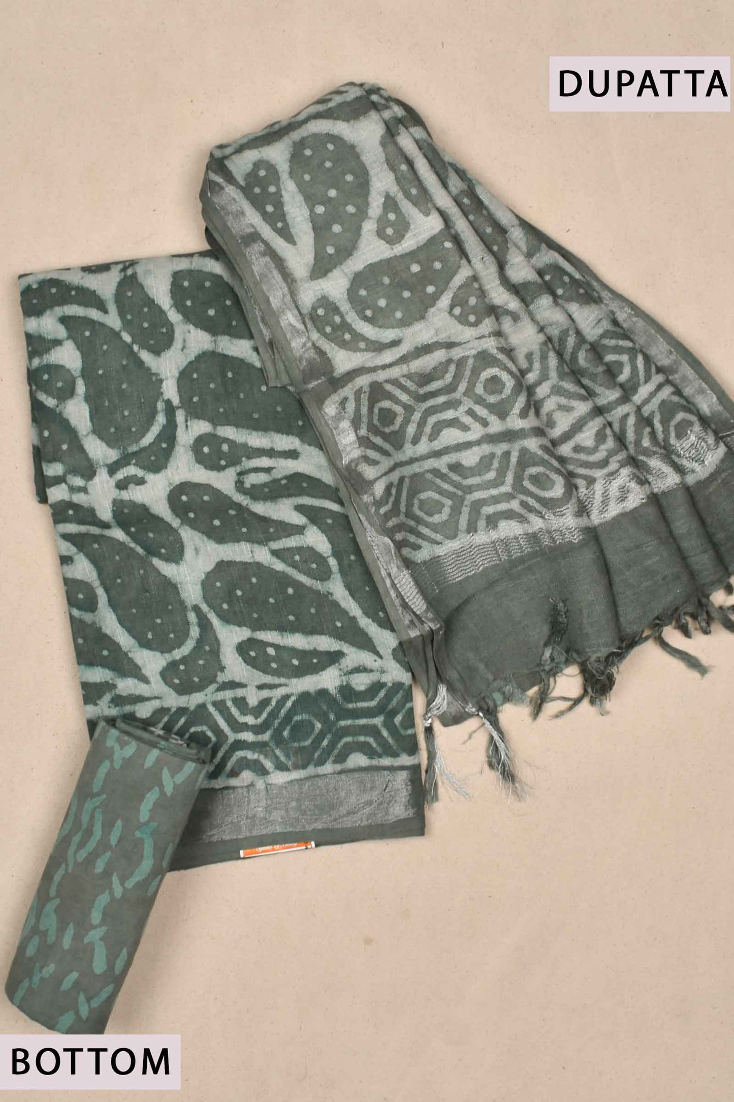 Sage Grey Paisely Motif Linen Cotton Block Printed Chudithar Material Dress Suit