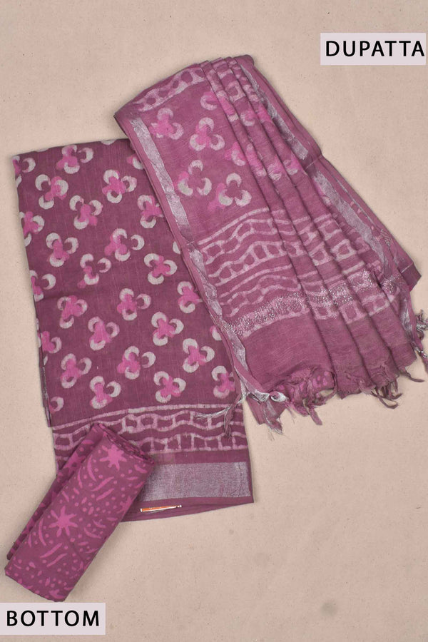 Pink Floral Linen Cotton Block Printed Chudithar Material Dress Suit