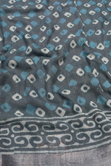 Blue Grey Linen Cotton Block Printed Chudithar Material Dress Suit