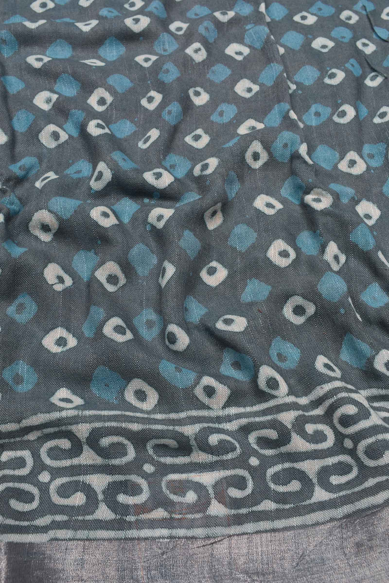 Blue Grey Linen Cotton Block Printed Chudithar Material Dress Suit