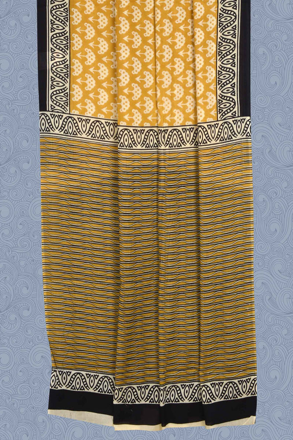 Yellow Pure Cotton Mul Mul Contrast Pallu Printed Saree