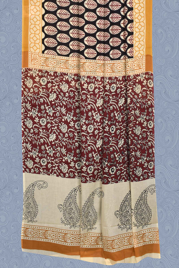 Black Pure Cotton Mul Mul Leaf Design Kalamkari Mango Pallu Printed Saree