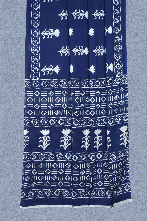 Blue Pure Cotton Mul Mul Printed Pallu Blouse Saree