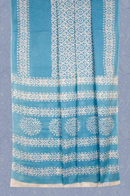 Light Blue and White Pure Cotton Mul Mul Squares Printed Saree