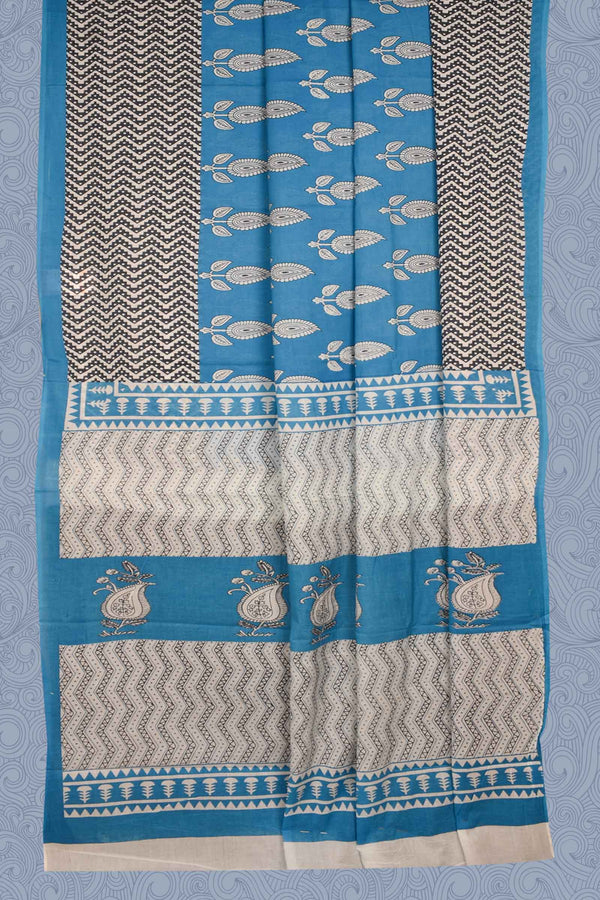 Blue Pure Cotton Mul Mul ZigZag Border Printed Saree