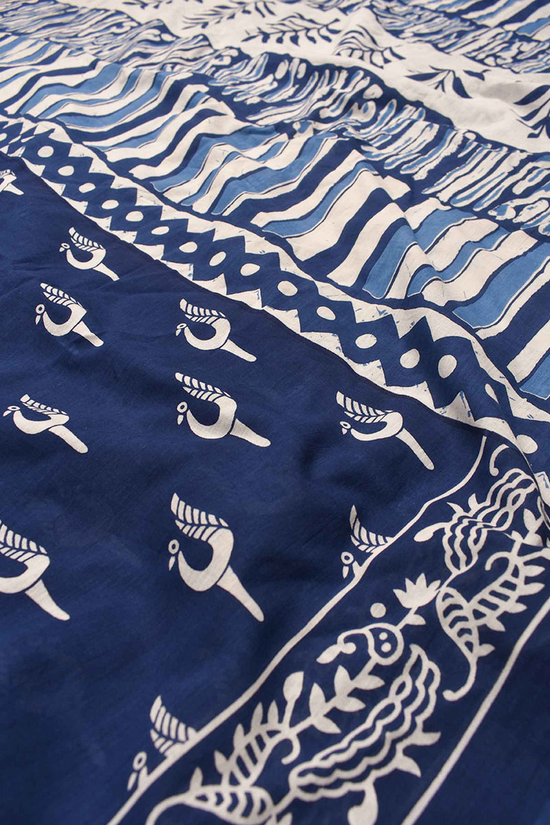 Blue Pure Cotton Mul Mul Peacocks Printed Saree