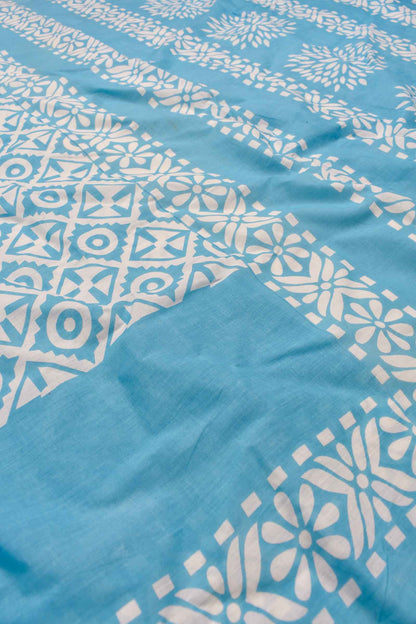 Light Blue and White Pure Cotton Mul Mul Squares Printed Saree