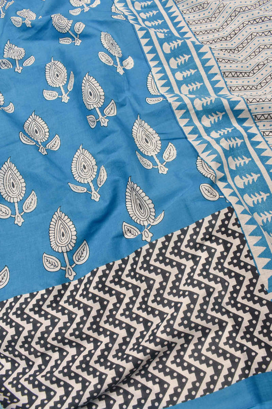 Blue Pure Cotton Mul Mul ZigZag Border Printed Saree