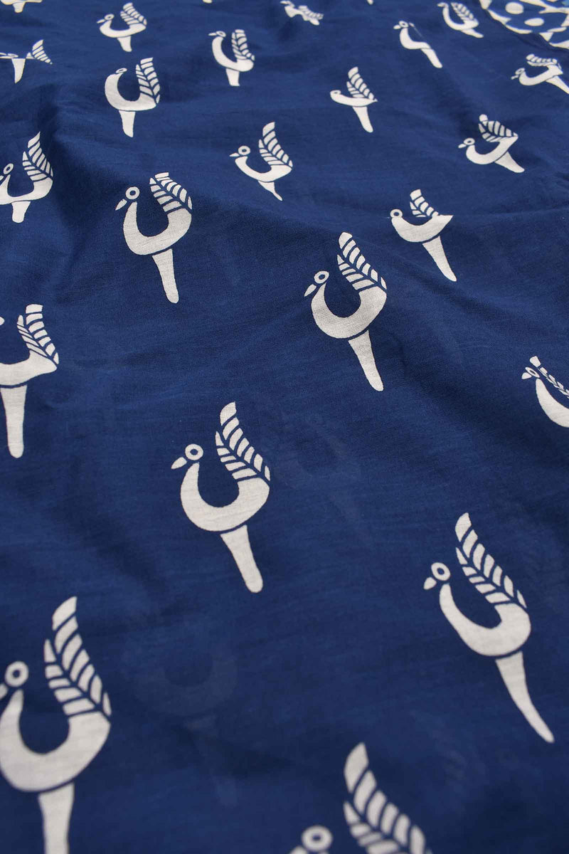 Blue Pure Cotton Mul Mul Peacocks Printed Saree