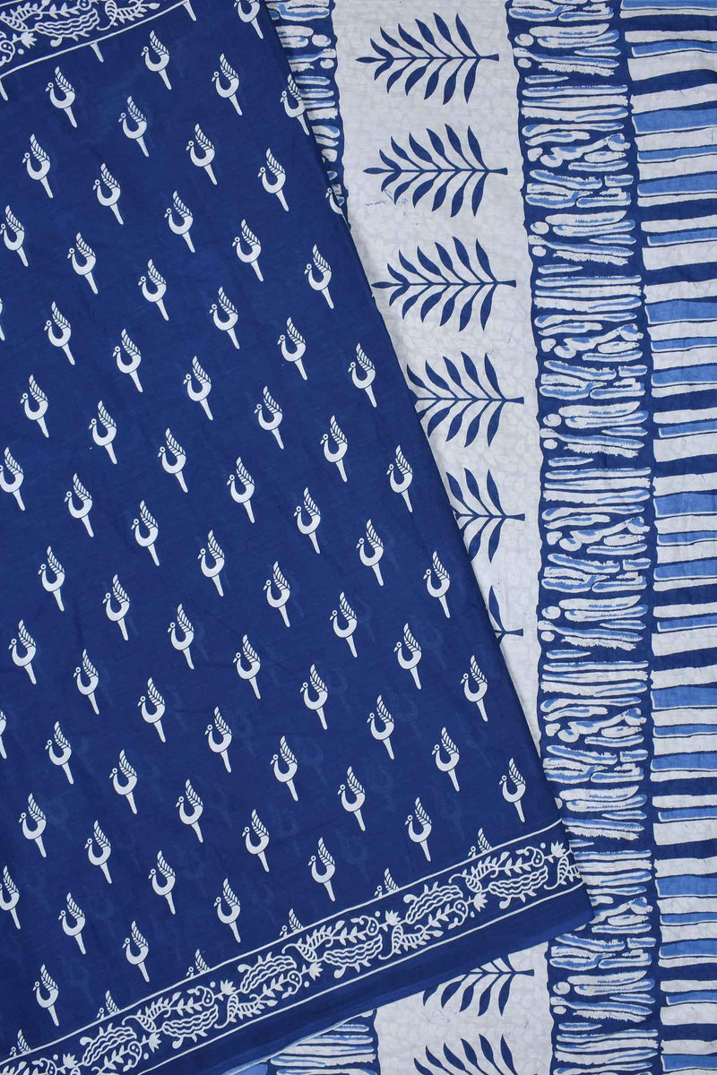 Blue Pure Cotton Mul Mul Peacocks Printed Saree