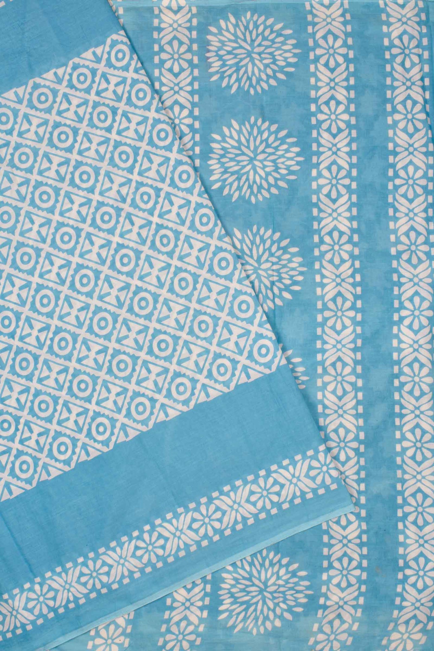 Light Blue and White Pure Cotton Mul Mul Squares Printed Saree