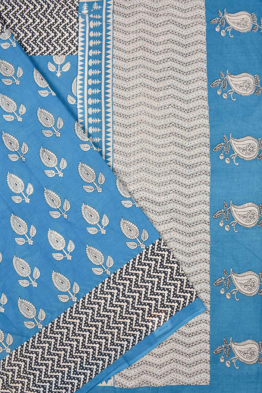 Blue Pure Cotton Mul Mul ZigZag Border Printed Saree