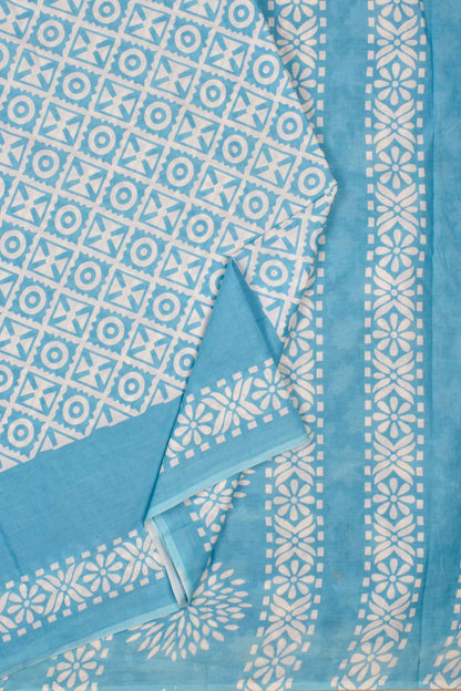 Light Blue and White Pure Cotton Mul Mul Squares Printed Saree