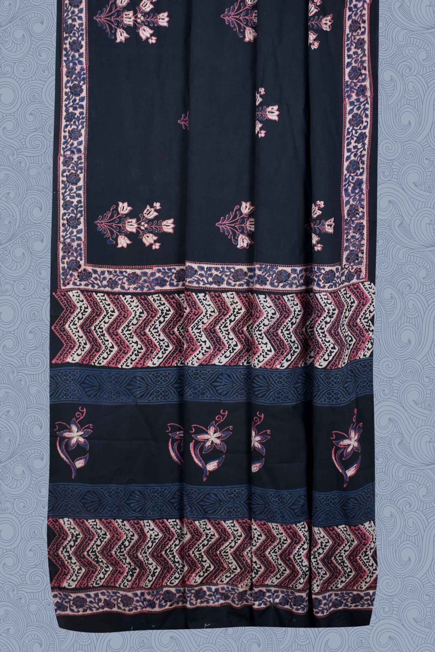 Dark Grey Pure Soft Cotton Vanaspati Handblock Floral Print Saree