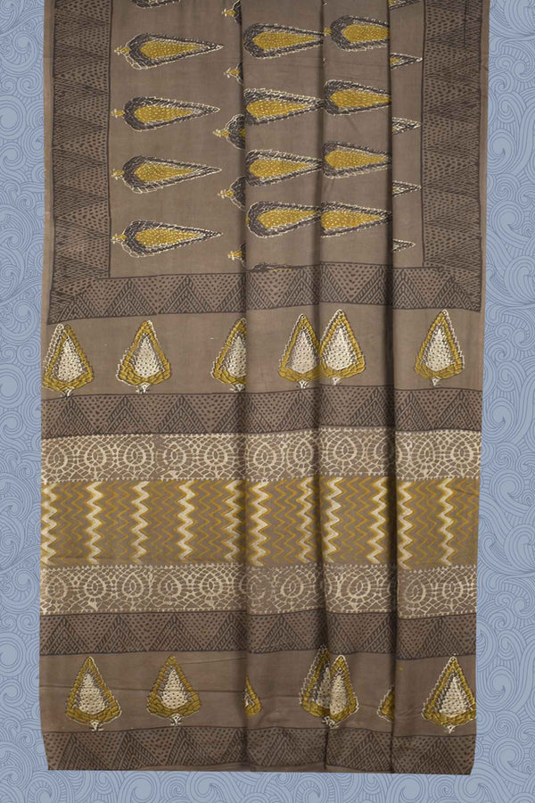 Brown Pure Soft Cotton Vanaspatti Handblock Fir Cone Printed Saree