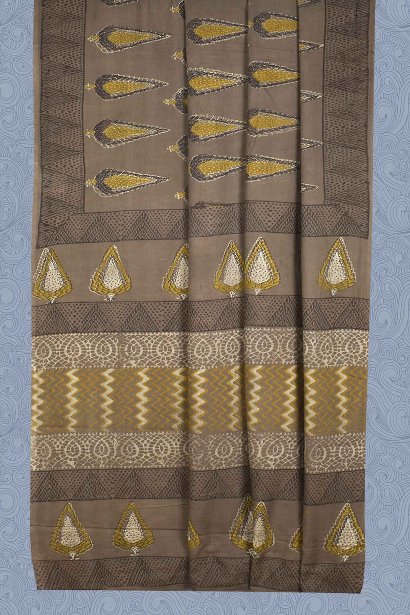 Brown Pure Soft Cotton Vanaspatti Handblock Fir Cone Printed Saree