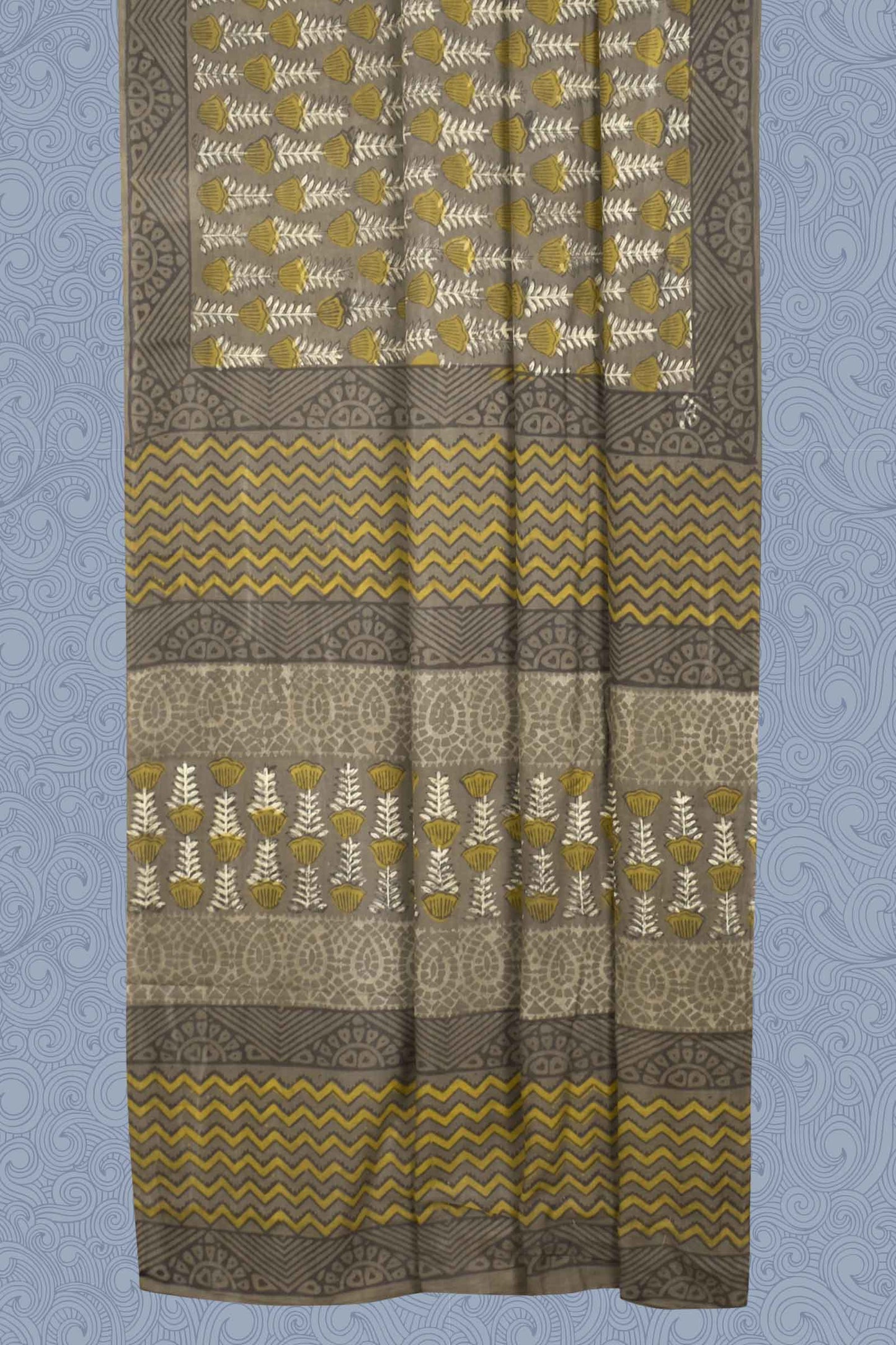 Green And Grey Pure Soft Cotton Vanaspati Handblock Print Saree