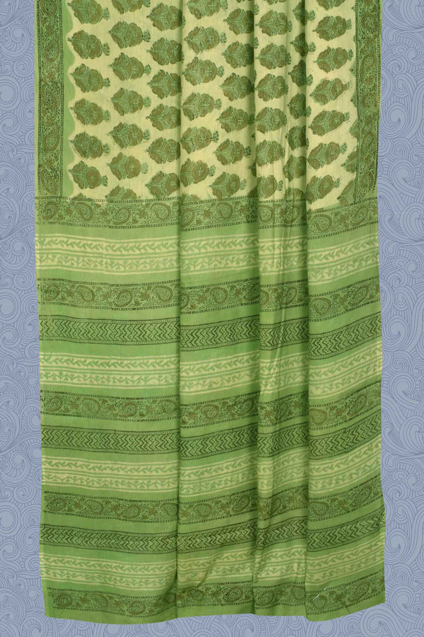 Green Pure Soft Cotton Vanaspatti Handblock Flower Print Saree