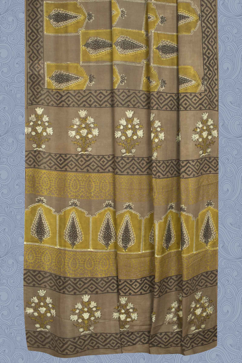 Light Brown Pure Soft Cotton Vanaspatti Handblock Fir Cone Printed Saree