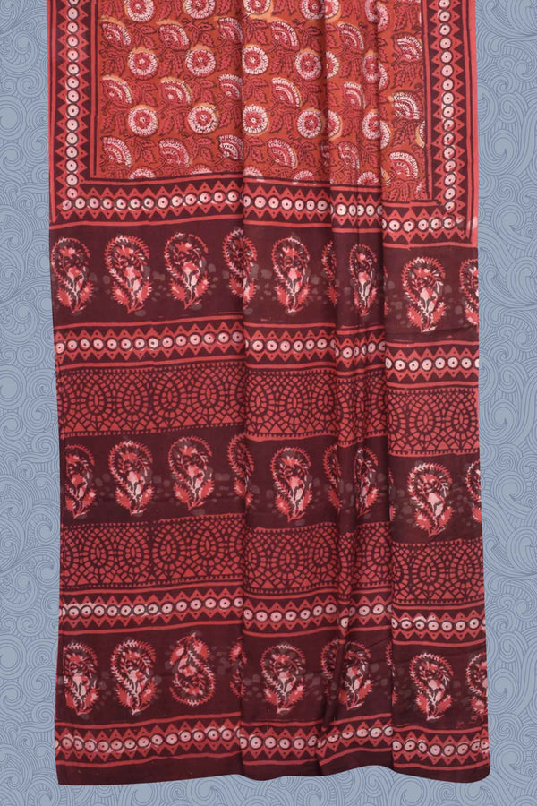 Red Pure Soft Cotton Vanaspatti Handblock Flower Print Saree