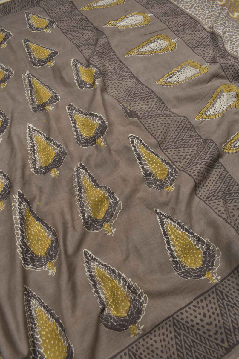 Brown Pure Soft Cotton Vanaspatti Handblock Fir Cone Printed Saree