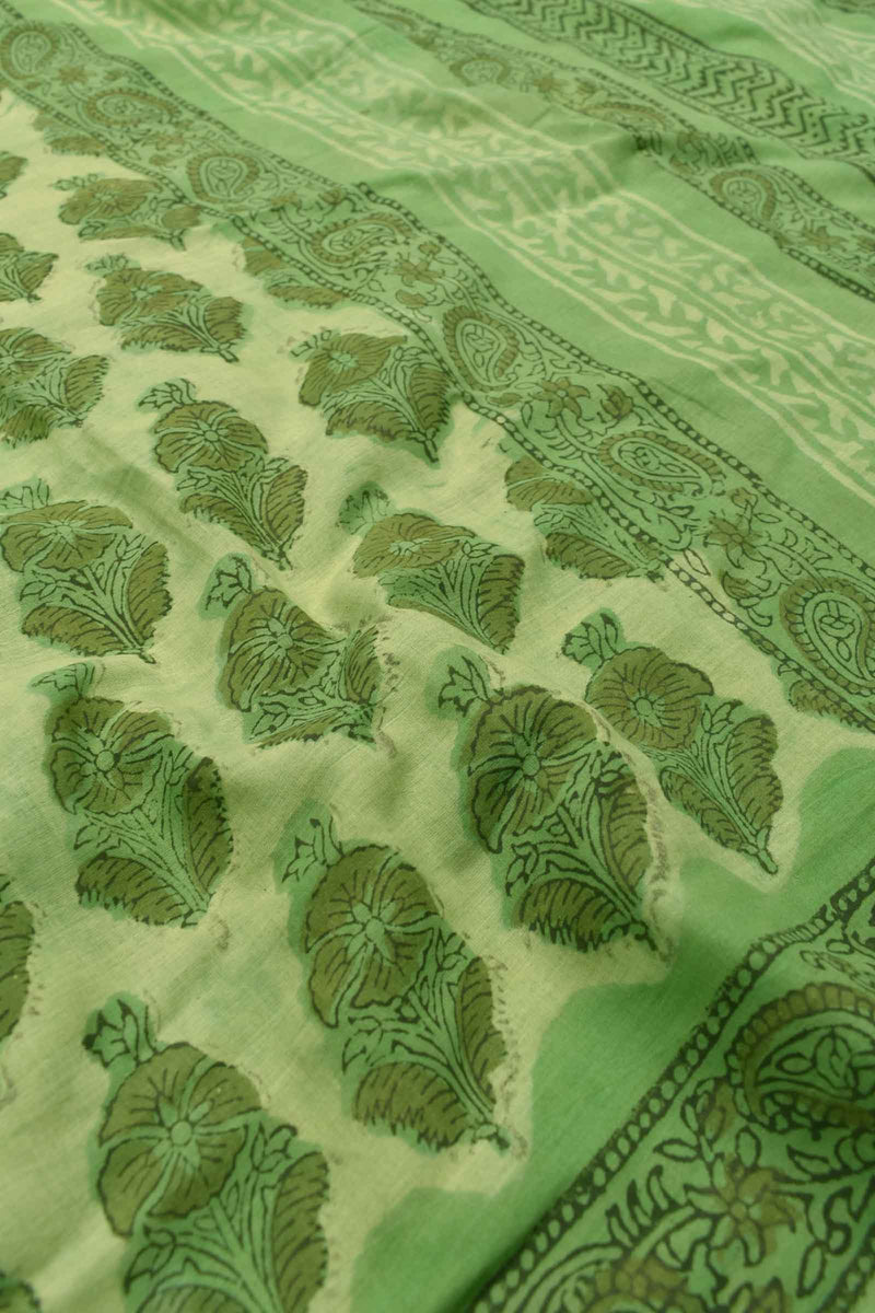 Green Pure Soft Cotton Vanaspatti Handblock Flower Print Saree