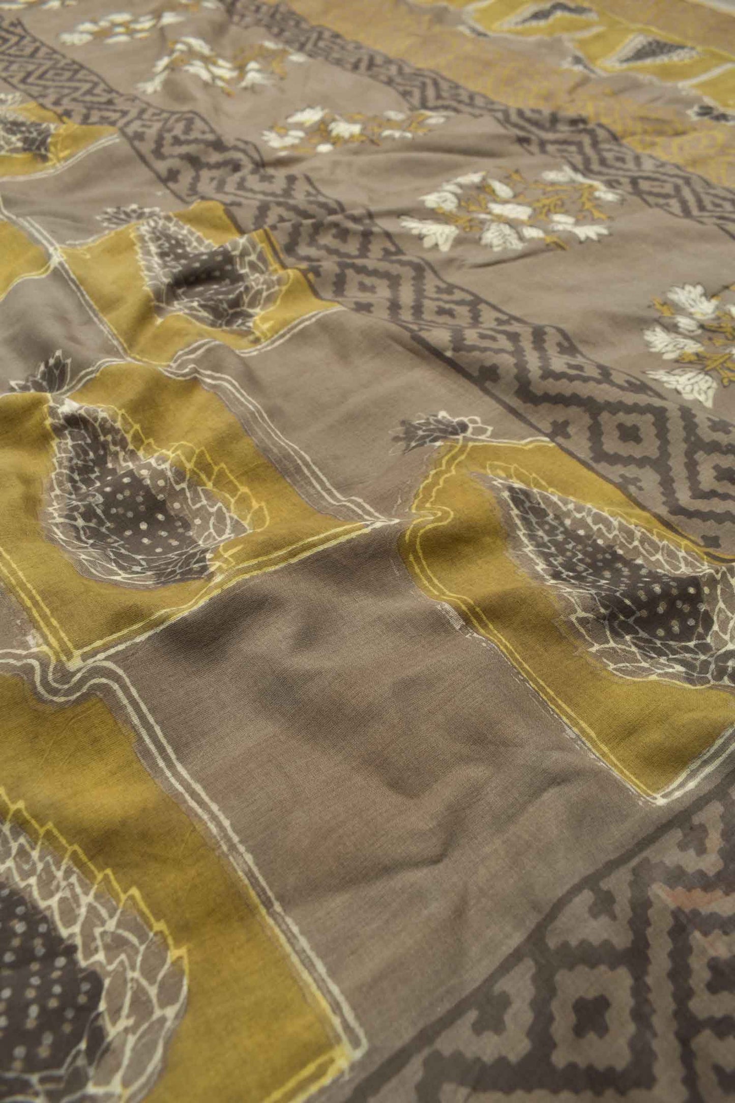 Light Brown Pure Soft Cotton Vanaspatti Handblock Fir Cone Printed Saree