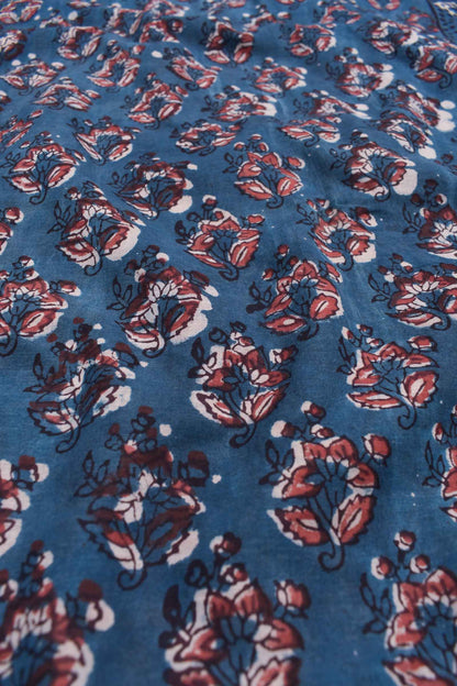 Blue Pure Soft Cotton Vanaspatti Handblock Contrast Red Flowers Printed Saree