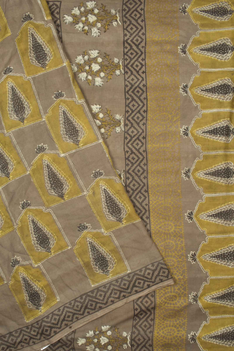 Light Brown Pure Soft Cotton Vanaspatti Handblock Fir Cone Printed Saree