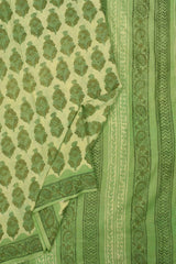 Green Pure Soft Cotton Vanaspatti Handblock Flower Print Saree